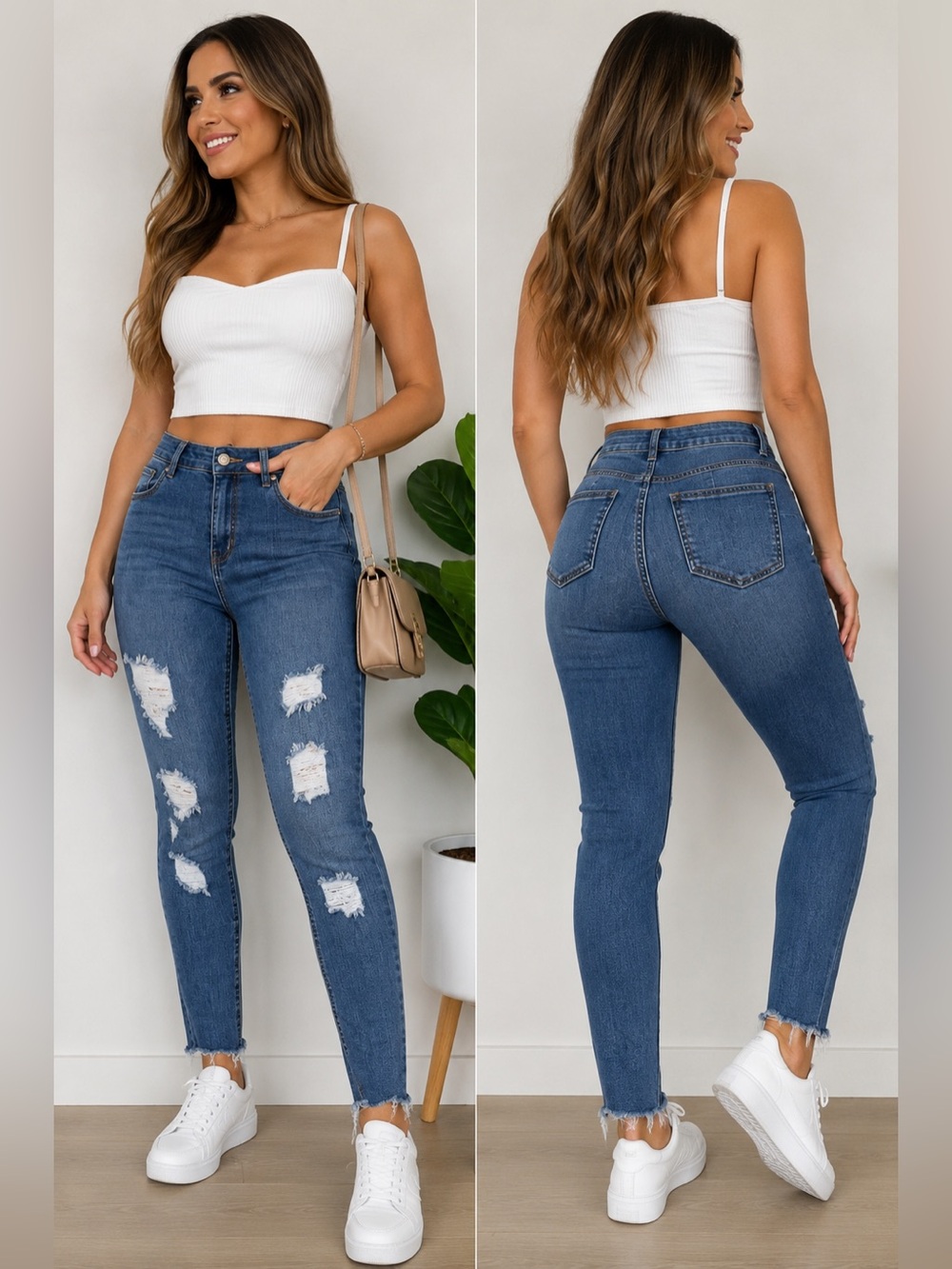 RIO Refuge Denim Distressed Skinny Jeans Size 11 | Medium Wash Stretch Raw Hem